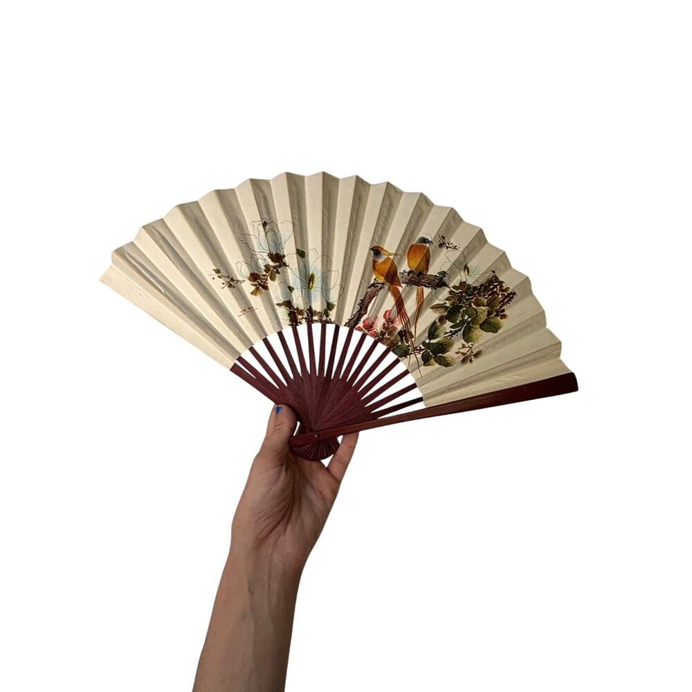 Vintage Chinese Wood & Paper Hand Fan Watercolor Bird Asian Decor
